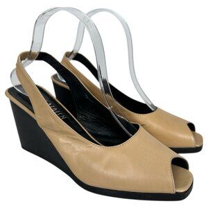Luc Berjen Paris women 10 Slingback wedge peep toe sandal nude leather italy y2k